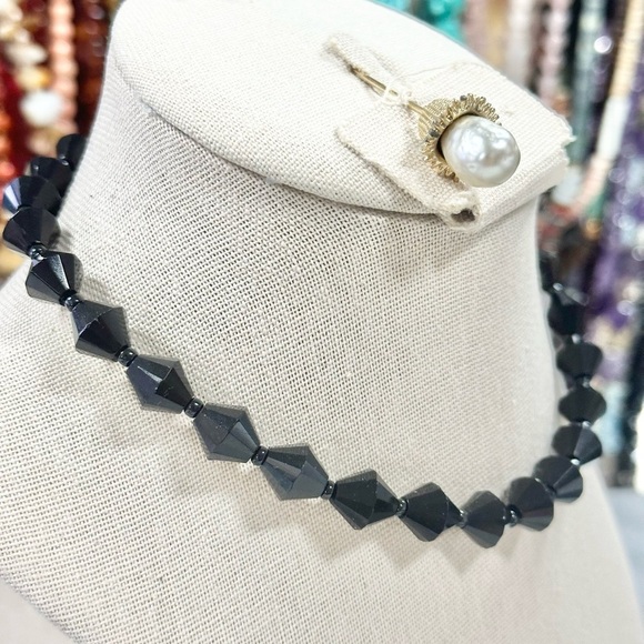 Vintage Signed West Germany Black Jet Glass Beaded Choker Necklace - Picture 2 of 4
